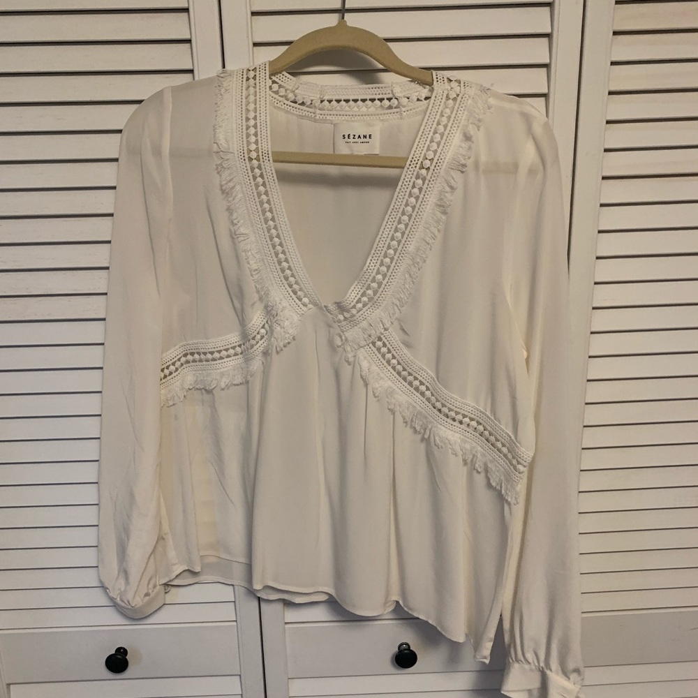 Sezane white silk blouse boho 40